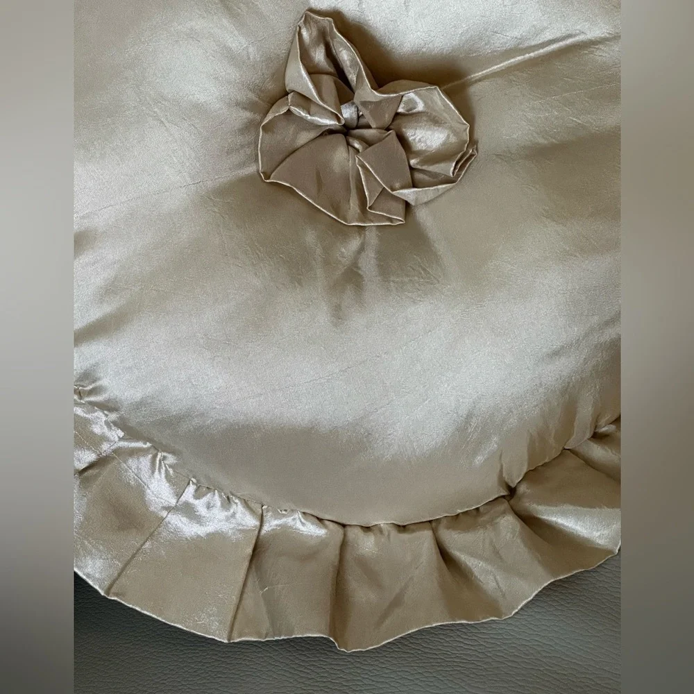 Vintage Round Ruffled Decorative Pillow in Champagne satin 21” across pretty